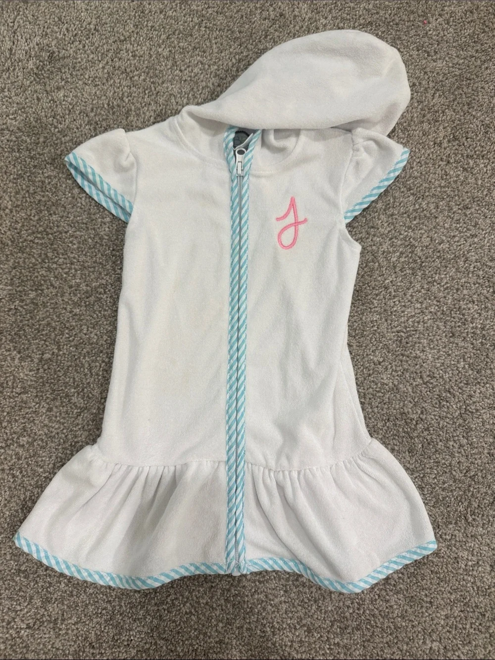 White Hooded Girls' swim cover up with Blue Trim and Pink “J” Embroidery